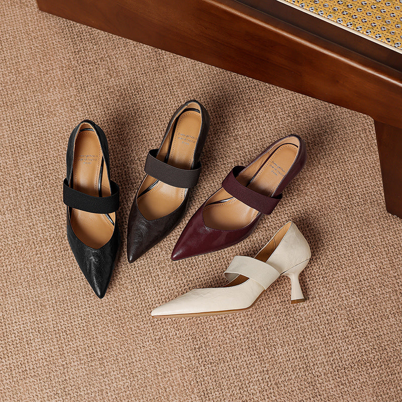 Women's French Style Sheepskin Pumps - Pointed Toe Elastic Strap Heels - 6.5cm Stiletto