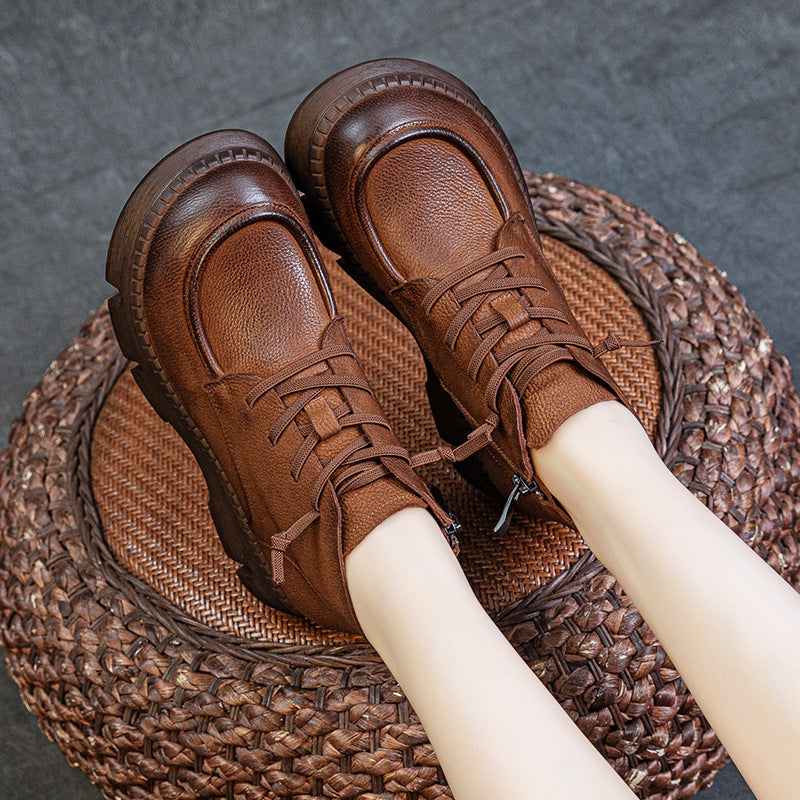 Women's Vintage Leather Platform Ankle Boots – Lace-Up Zipper Non-Slip Style