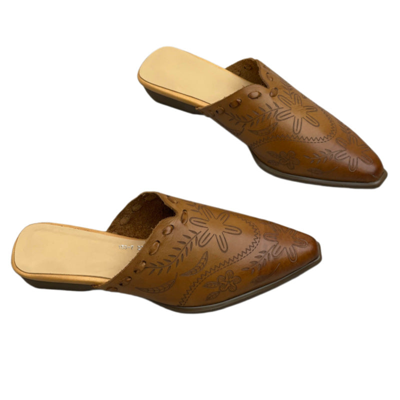 Women's Embossed Leather Mules – Vintage Bohemian Pointed-Toe Floral Slides