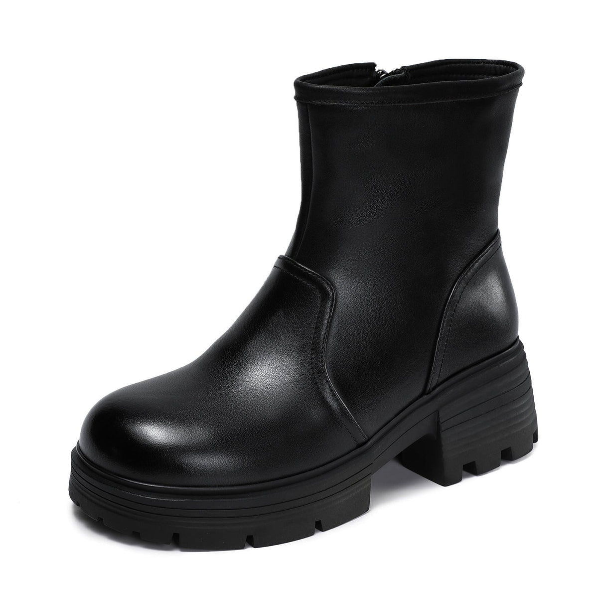 Women's Top-Grain Leather Ankle Boots Chunky Platform Block Heel Side Zipper Booties