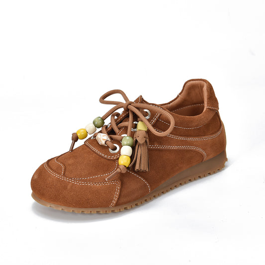 Women’s Spring Retro Beaded Leather Sneakers – Casual Lightweight Shoes