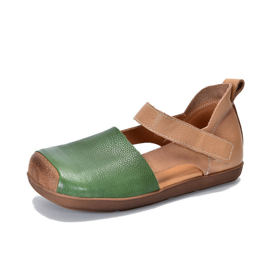 Handmade Leather Sandals - Women's Retro Square Toe Walking Flats with Velcro Strap