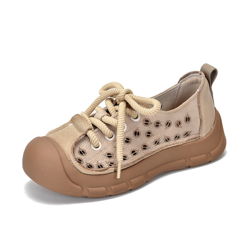 Women's Perforated Cowhide Sneakers - Unlined Summer Leisure Shoes - Thick Sole