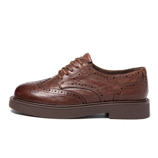 British Style Women's Wingtip Oxfords - Leather Lace-up Flats with Brogue Detail