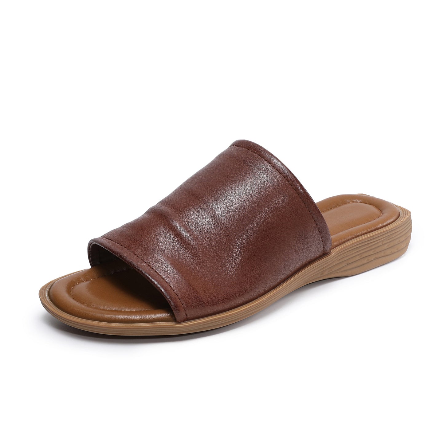 Women's Open Toe Leather Ruched Mules - Zen Style Cowhide Summer Slides