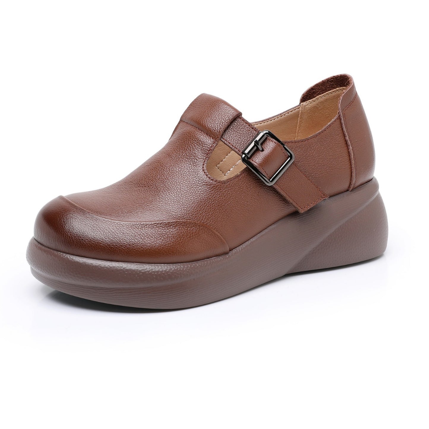 Women's Leather Chunky Round Toe Platform Shoes - Ergonomic Wedge T-Strap Mary Janes