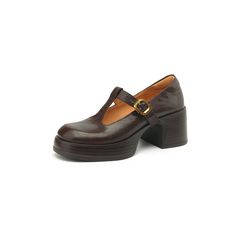 Handmade Sheepskin Mary Janes - Women's T-Strap Platform Chunky Heels