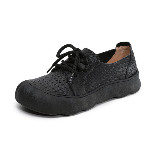Women’s Retro Embossed Leather Lace-Up Flats – Comfortable Casual Soft Sole Shoes