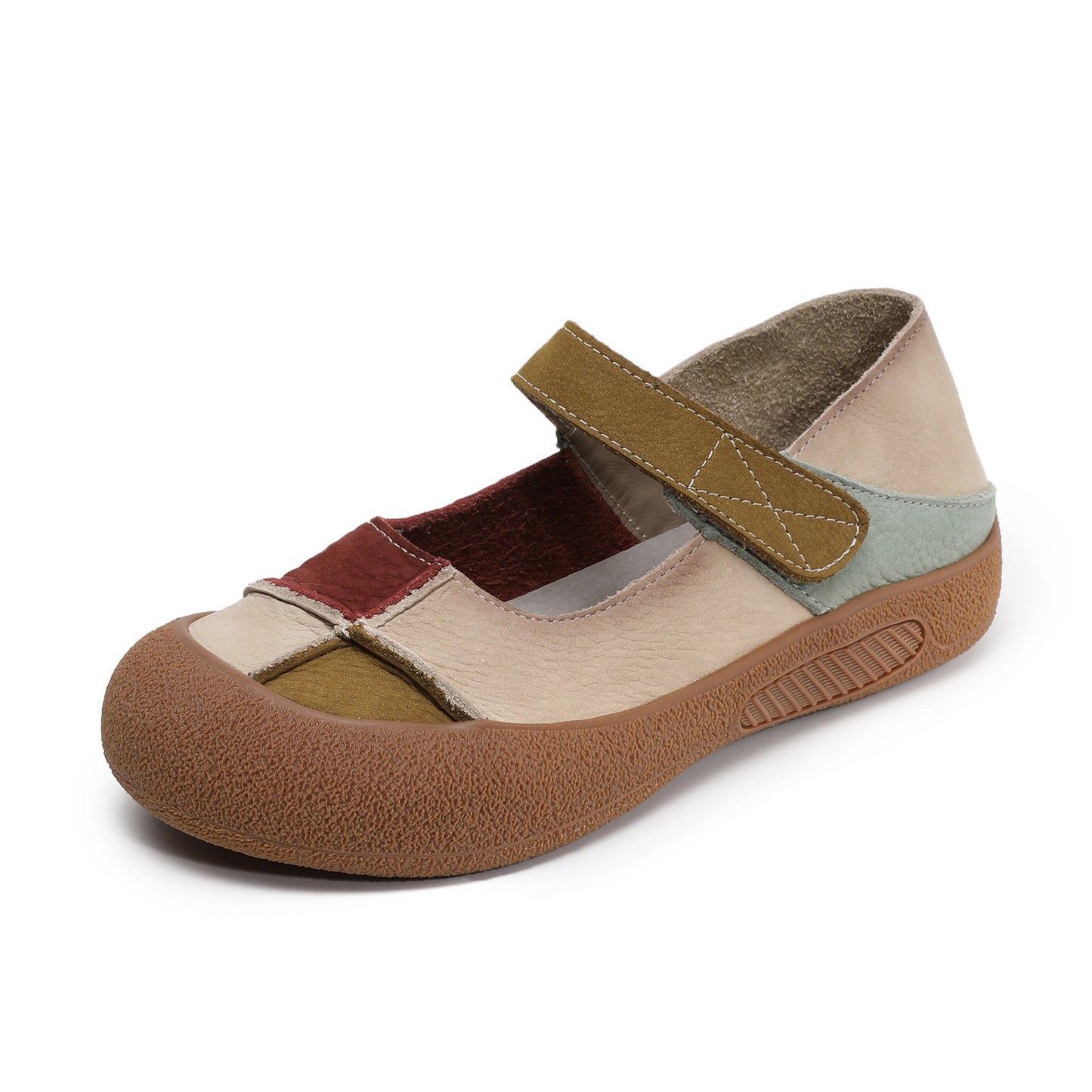 Women’s Leather Colour-Block Mary Jane Flats – Retro Soft Sole Shoes