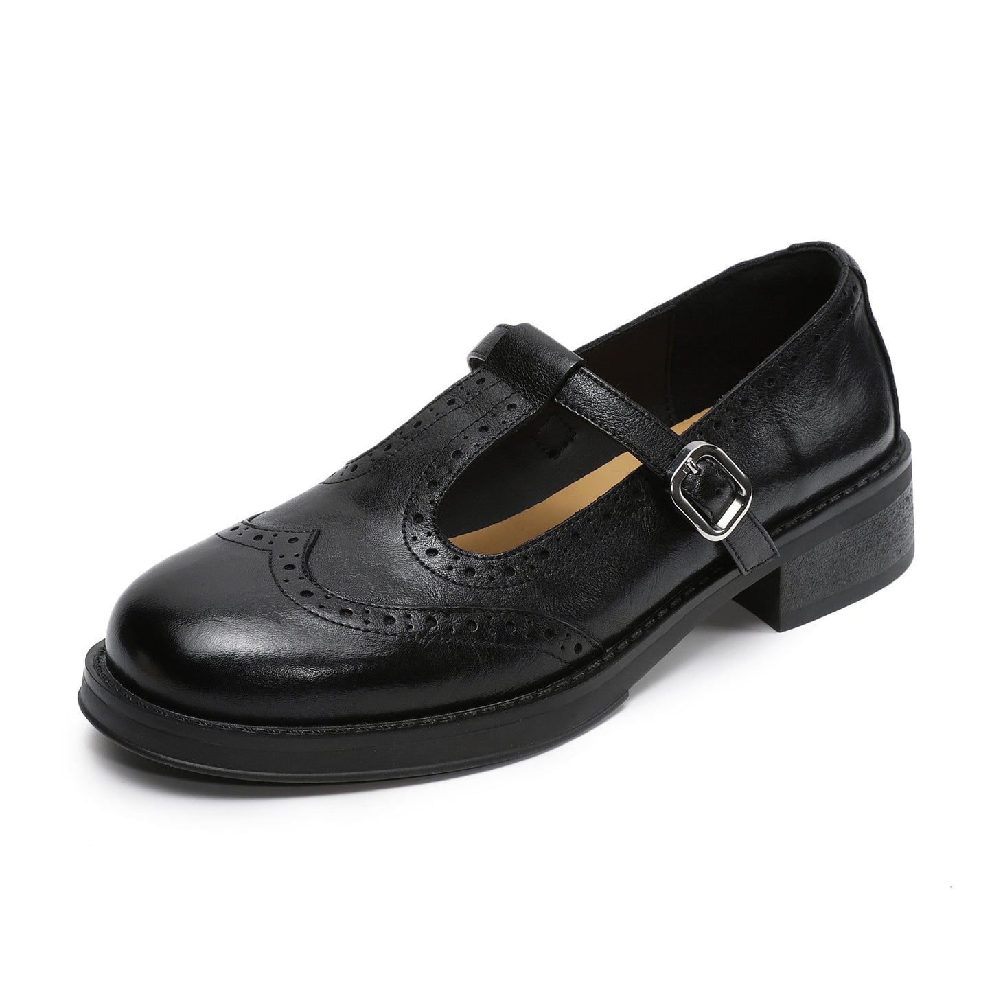 Women's Brogue T-Strap Mary Janes - Unlined Cowhide Leather - Block Heel