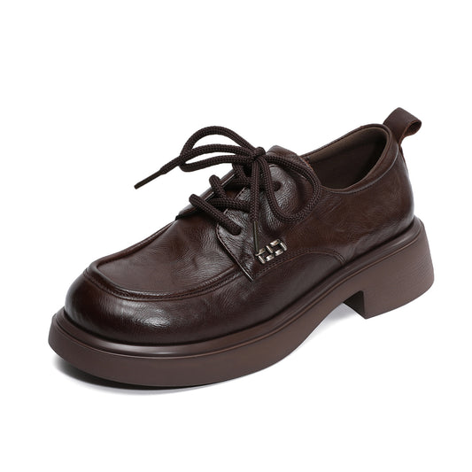 Women’s Leather Round Toe Lace-Up Loafers – Textured Luxury Style