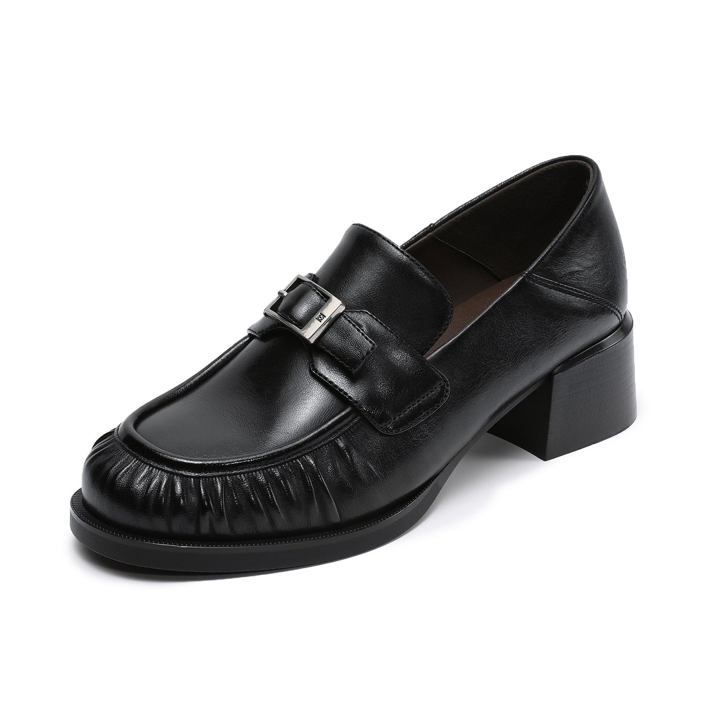 Women's Sheepskin Loafers - Ruched Leather Buckle Block Heel
