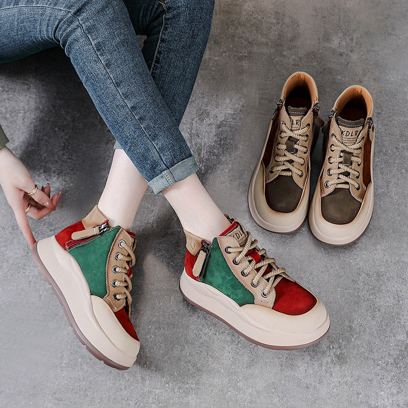 Women’s Leather Colour-Block High-Top Platform Boots – Side Zip Casual Shoes