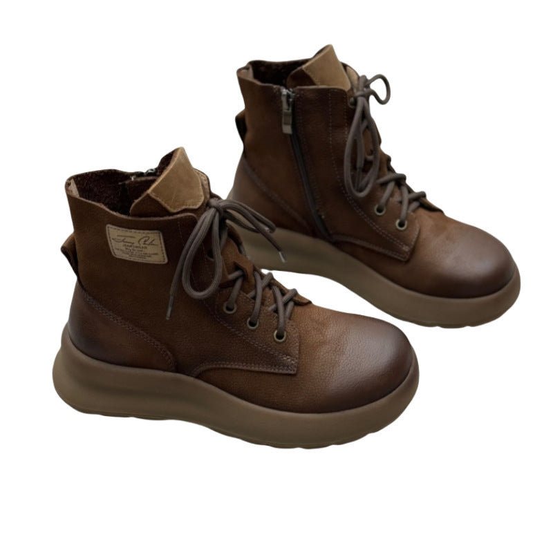 Women's Genuine Leather Vintage Casual Side Zipper Platform Ankle Boots