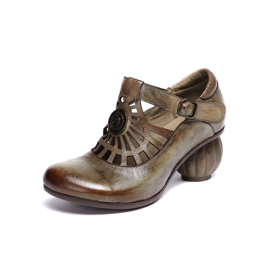 Vintage Style Women's Cut-out Leather Pumps with Sculptural Pumpkin Heel