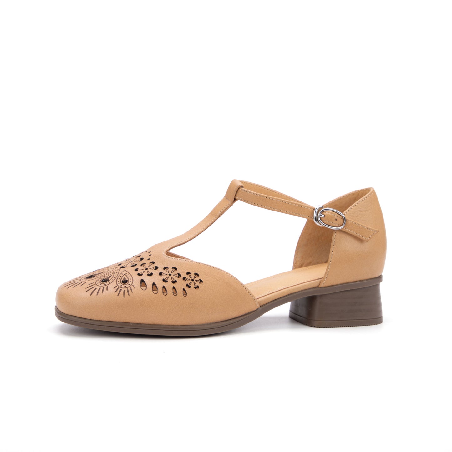 Women's Summer T-Strap Mary Janes - Floral Laser-Cut Cowhide Flats - Block Heel