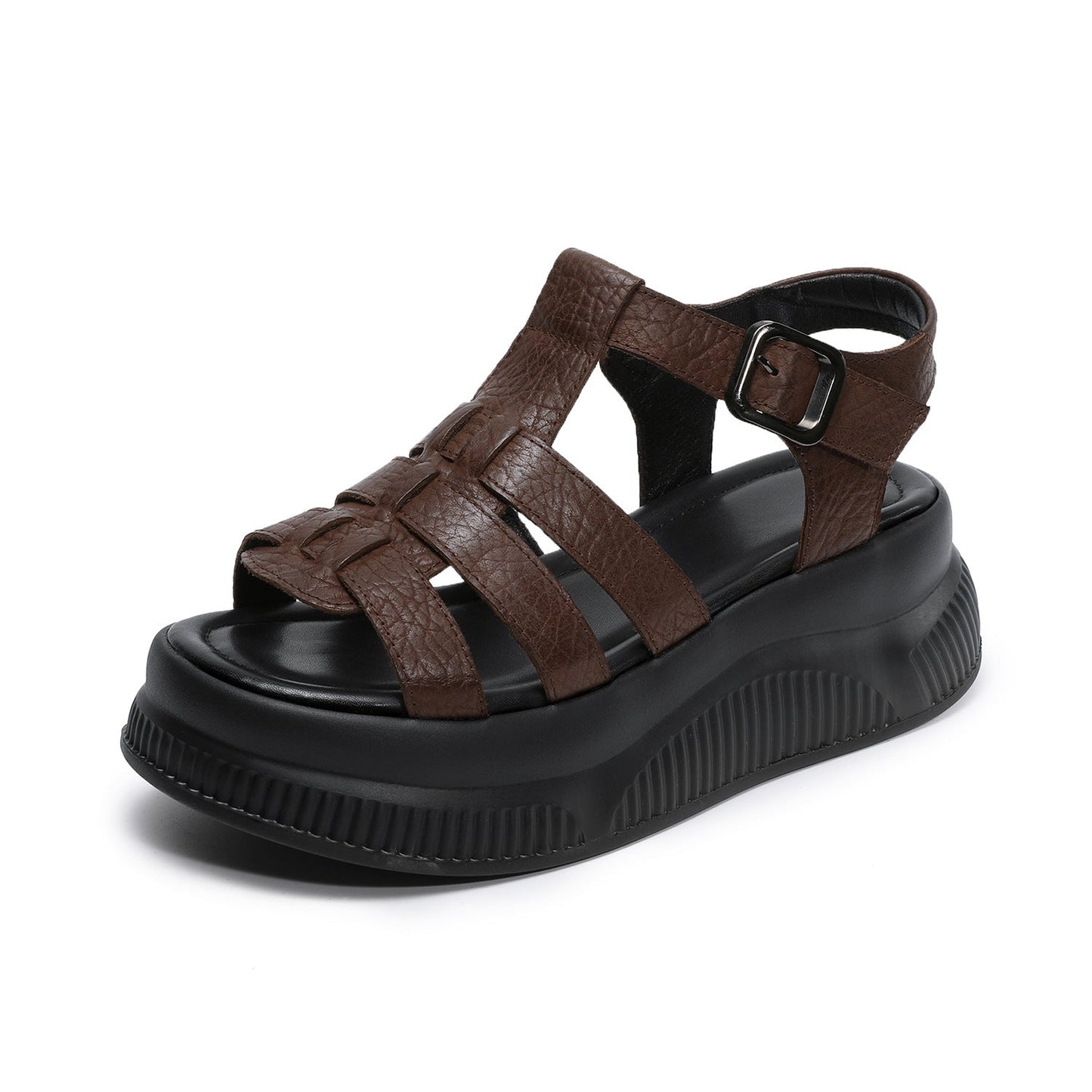 Women's Retro Leather Roman Sandals Vintage Round Toe Platform Chunky Platform Heels