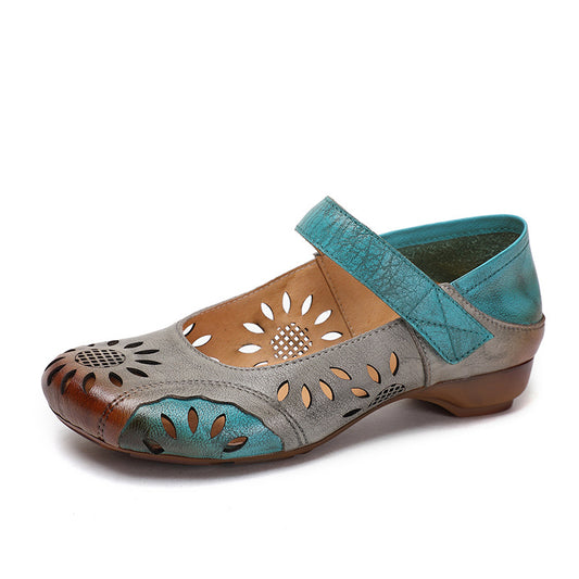 Handmade Multi-Color Patchwork Leather Sandals - Vintage Floral Cut-Out Mary Jane Flats with Velcro Strap