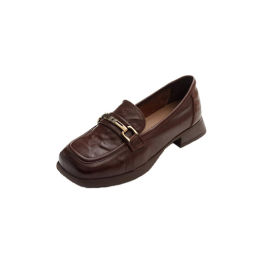 Women's Premium Unlined Leather Loafers - Elegant Metal Buckle Walking Flats
