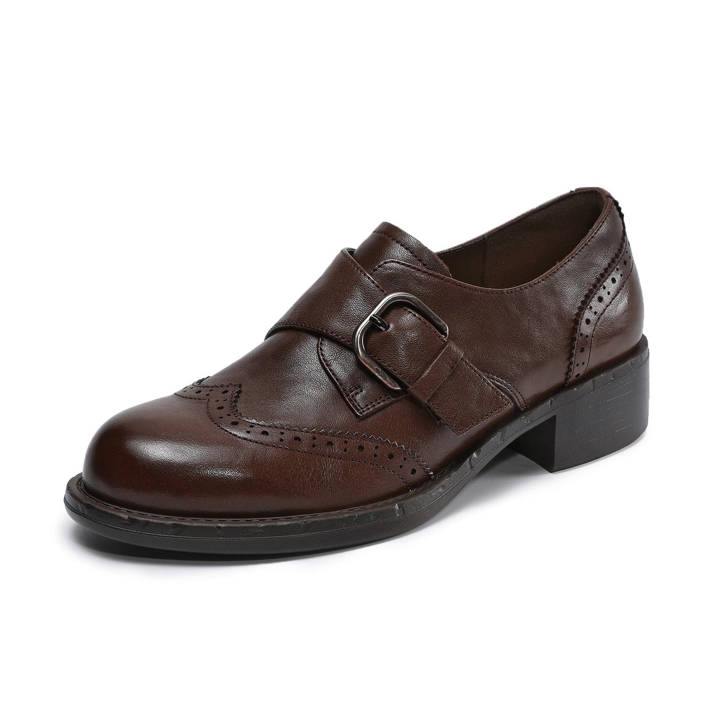 Women's Retro Leather Monk Strap Shoes Vintage Round Toe Brogue Chunky Heels