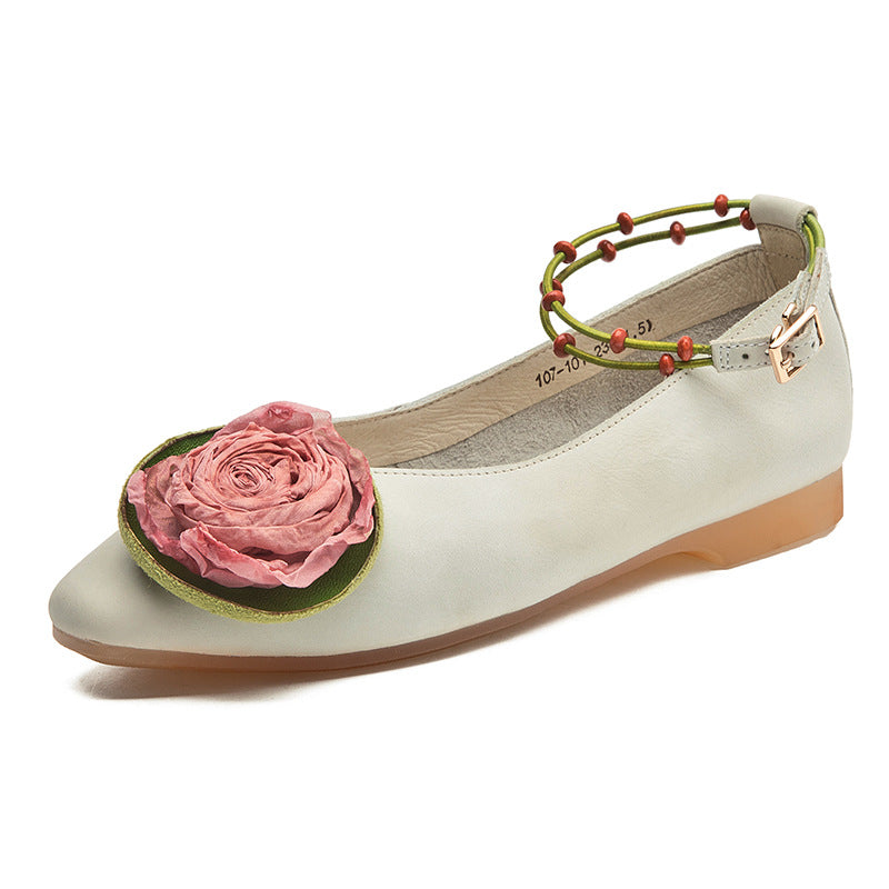 Women's Leather Handmade Literary Style Flower Pointed Toe Flat Shoes