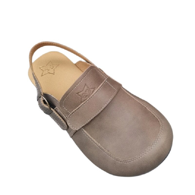 Women's Leather Sandals - Vintage Contrast Stitching Flexible Slip-On Mule Slides with Slingback Strap
