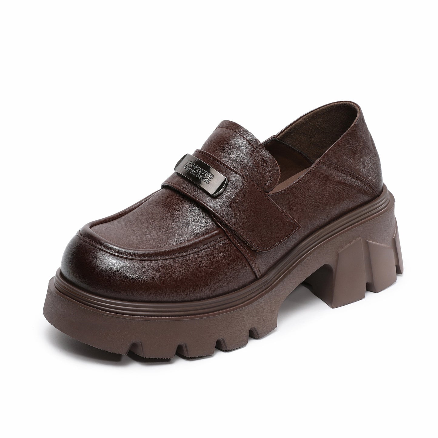 Women’s Leather Platform Block Heel Loafers – Vintage Metal Detail