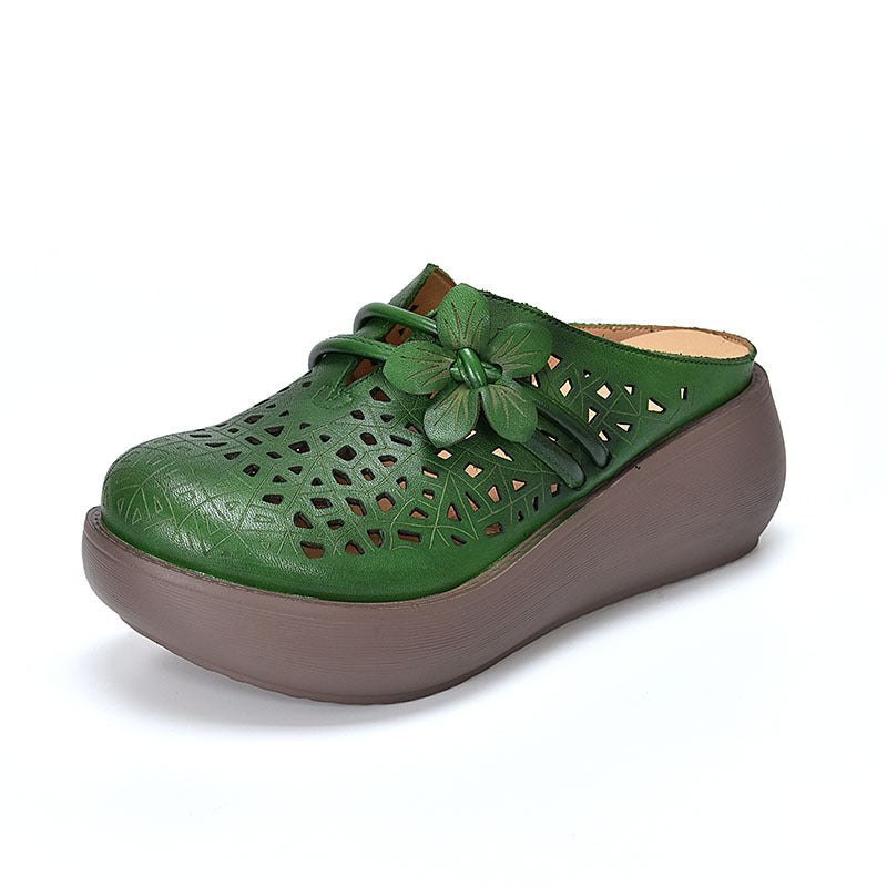 Women's Cowhide Platform Mules - Summer Shoes Breathable Floral Cut-out Sandals
