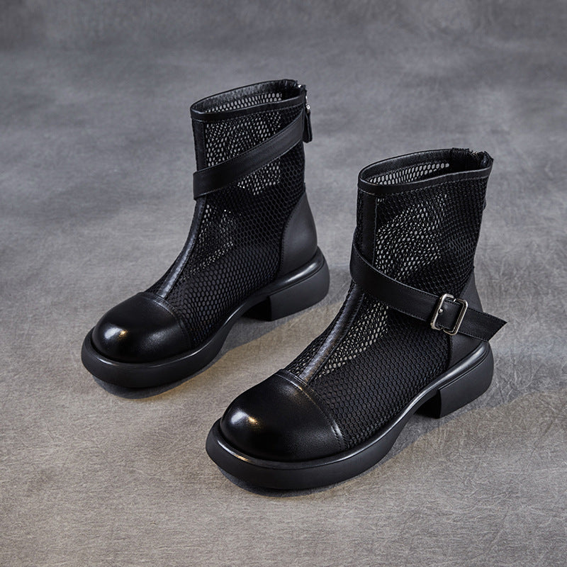Women's Leather Summer Boots – Mesh Insert Breathable Ankle Shoes