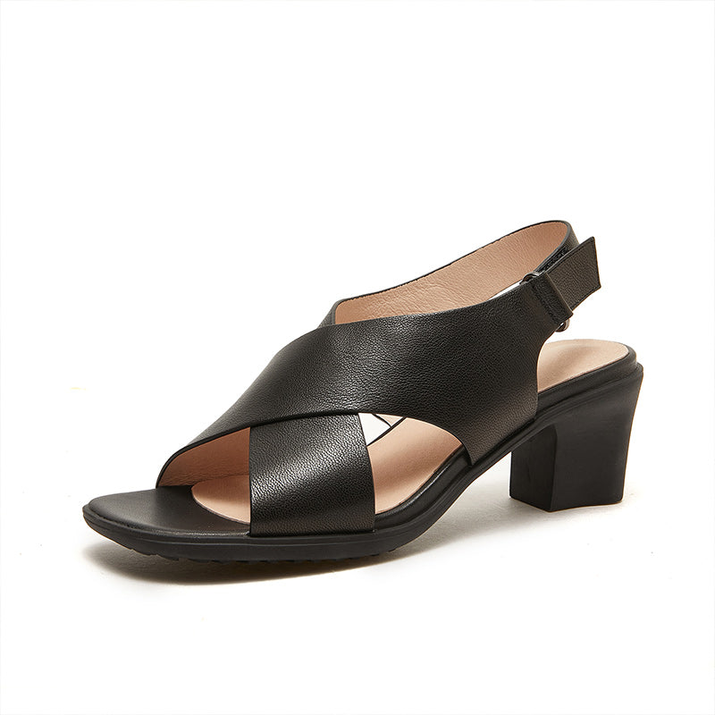 Women's Leather Open Toe Block Heel Cross Strap Sandals