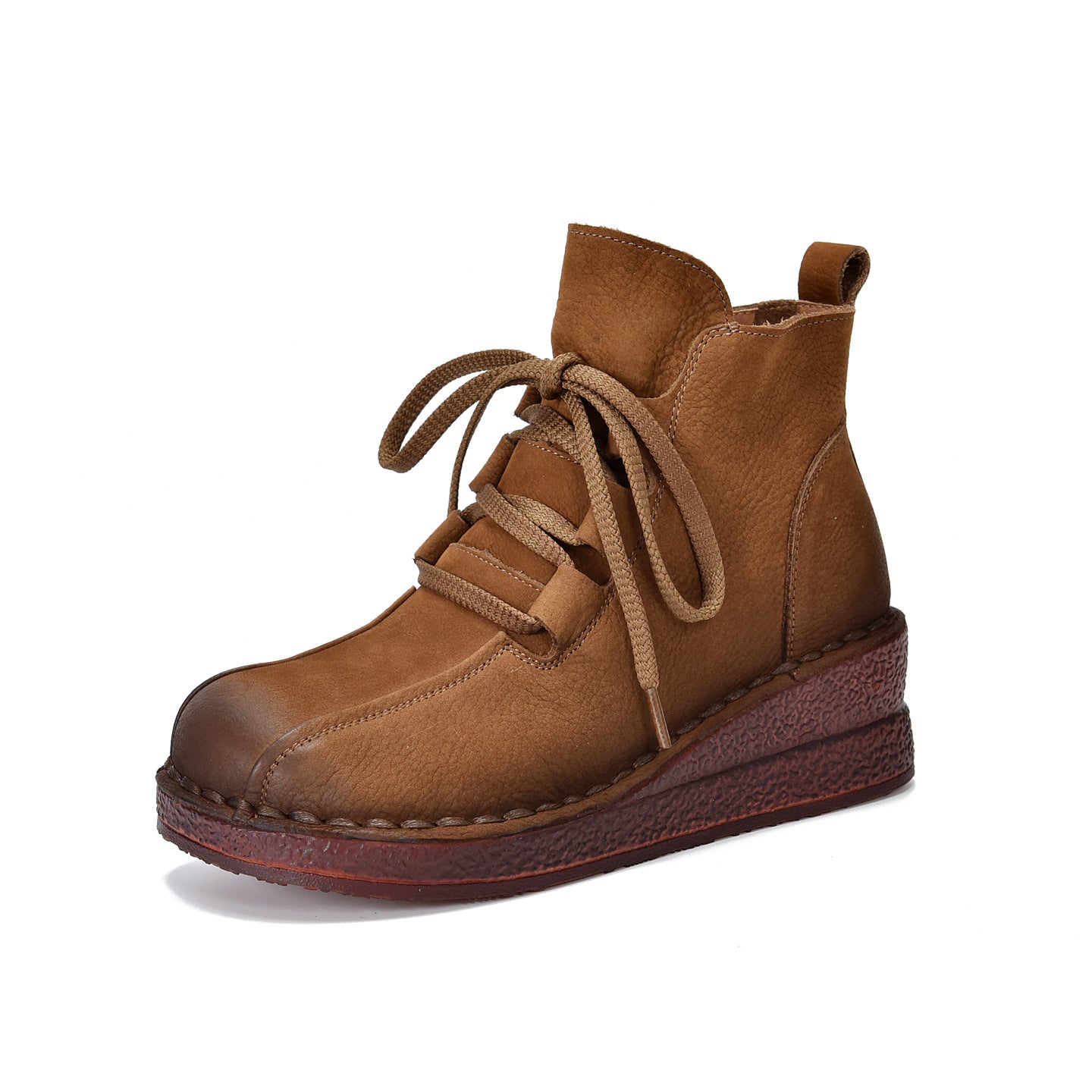 Women's Leather Short Boots – Vintage Wedge Heel Lace-Up Zipper Ankle Shoes