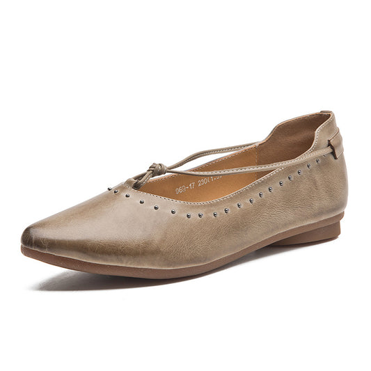 Women's Leather Retro Pointed Toe Slip On Ballet Flats