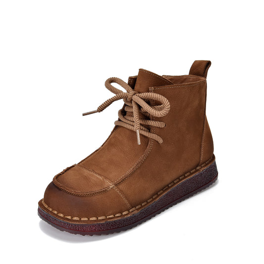Women's Vintage Leather Ankle Boots – Soft Flat Lace-Up Zipper Short Shoes