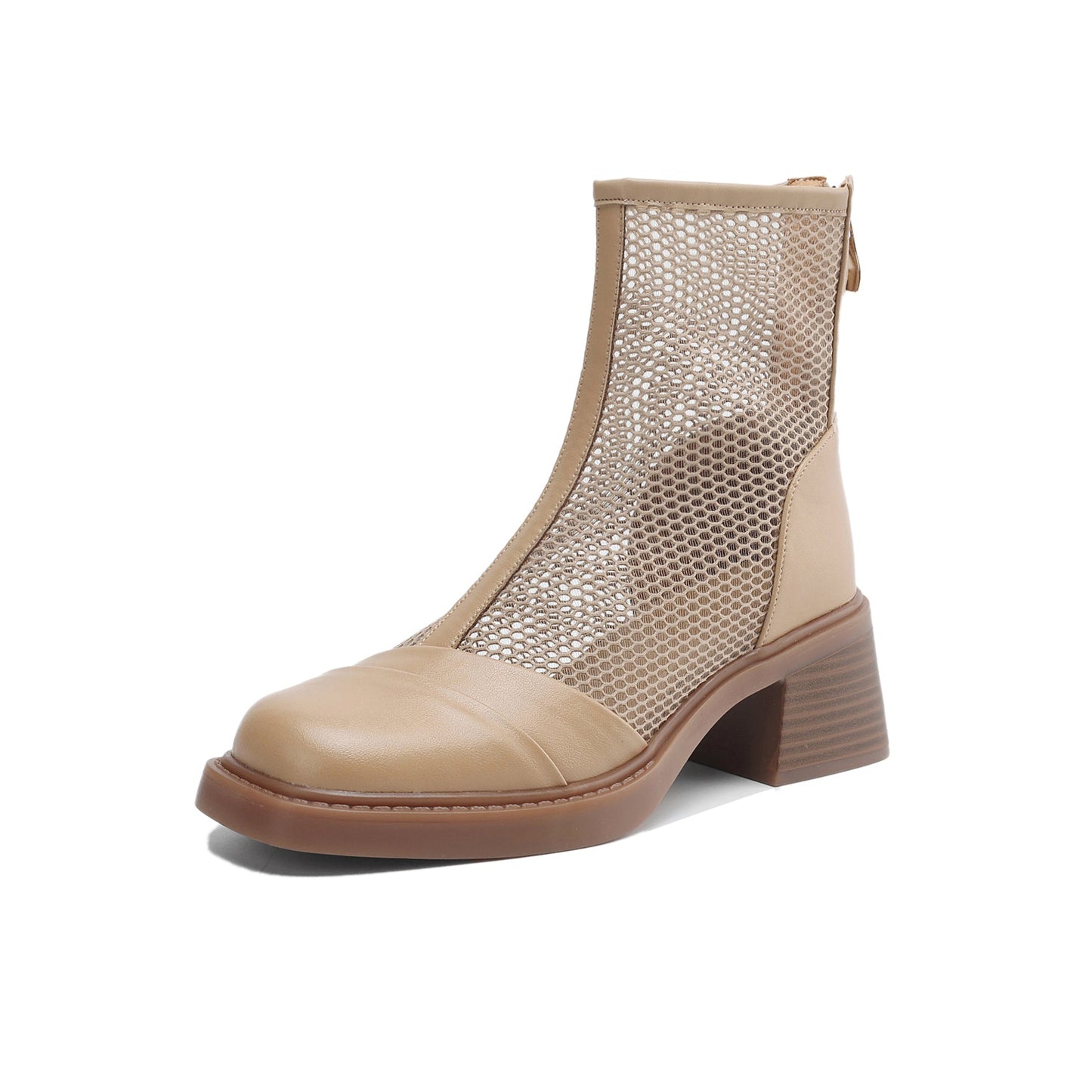 Women's Summer Square Toe Leather Platform Chunky Heeled Mesh Boots