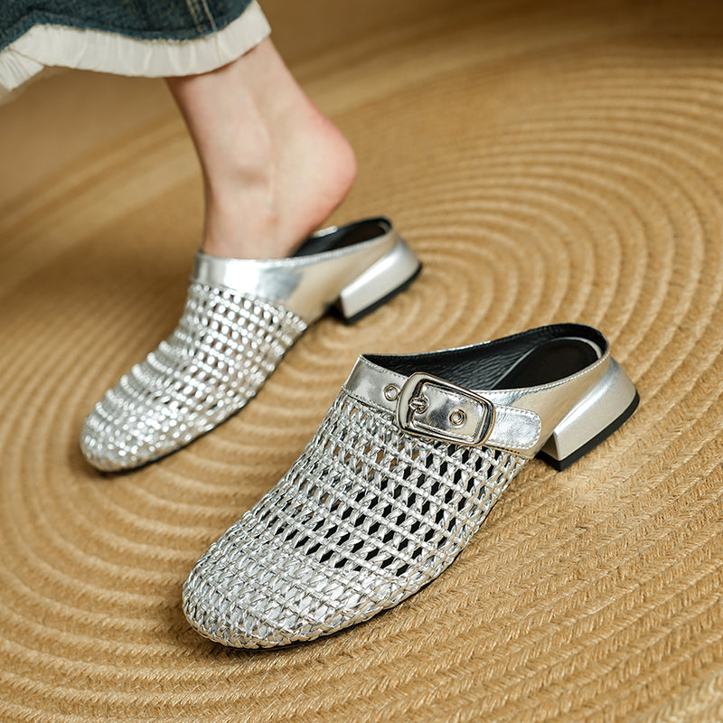 Women's Hollow Out Leather Low Heel Buckle Summer Mule Sandals