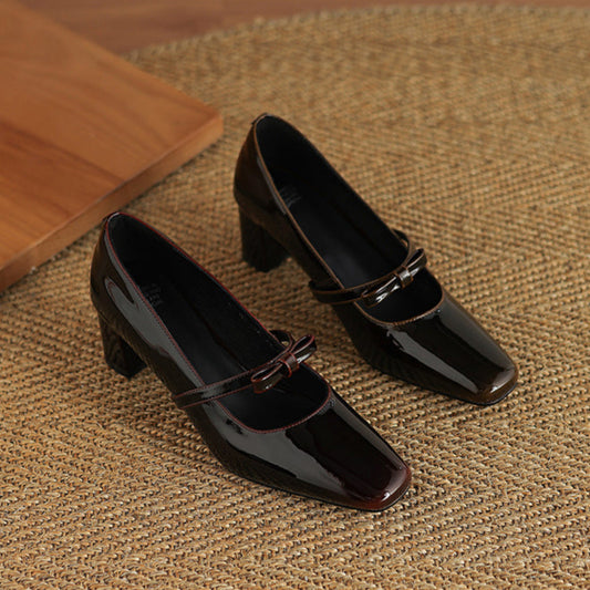 Women's Vintage Patent Leather Bowknot Slip On Chunky Heel Pump