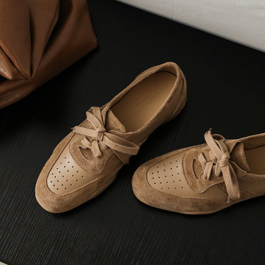 Women's Retro Patchwork Sneakers Vintage Round Toe Perforated Lace-up Flats