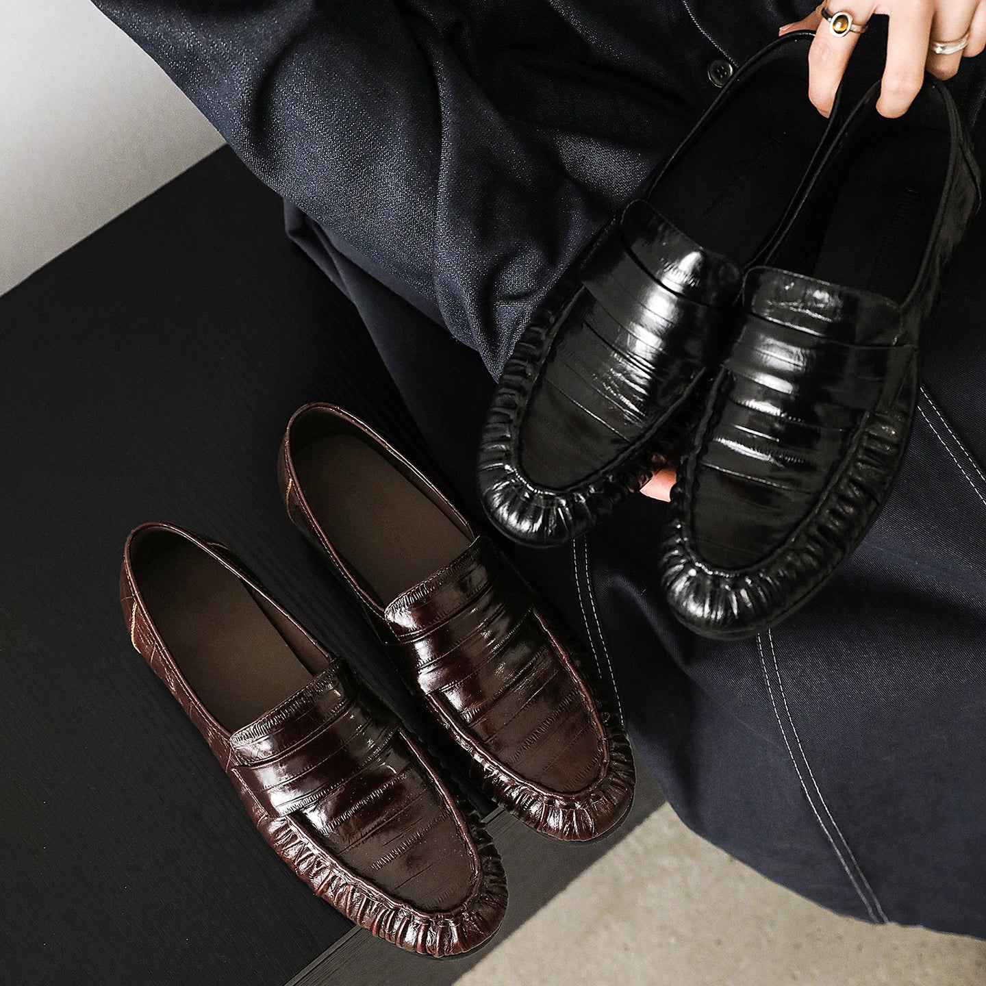 Women's Retro Cowhide Loafers Vintage Round Toe Ruched Penny Slip-on Driving Flats