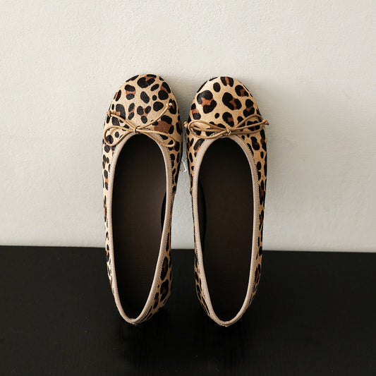 Women's Horsehair Leopard Polka Dot Ballet Flats Vintage Round Toe Bowknot Slip-on Flat Shoes