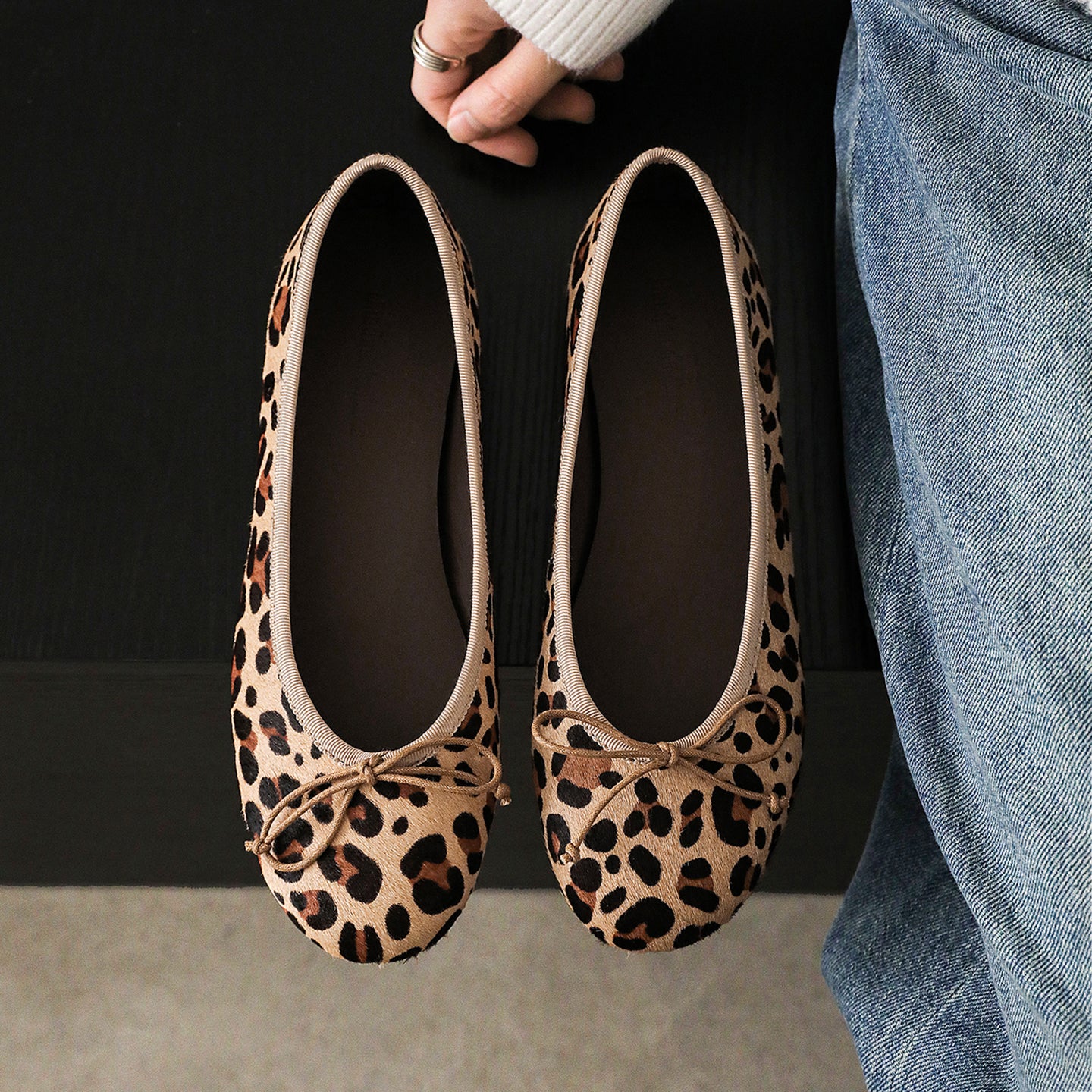 Women's Horsehair Leopard Polka Dot Ballet Flats Vintage Round Toe Bowknot Slip-on Flat Shoes
