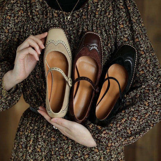 Women's Handmade Leather Square Toe Brogue Mary Jane High Heels