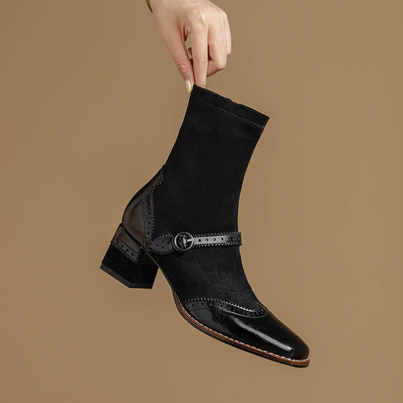 Women's Retro Horsehide Ankle Boots Vintage Square Toe Brogue Buckle Zipper Sock Booties