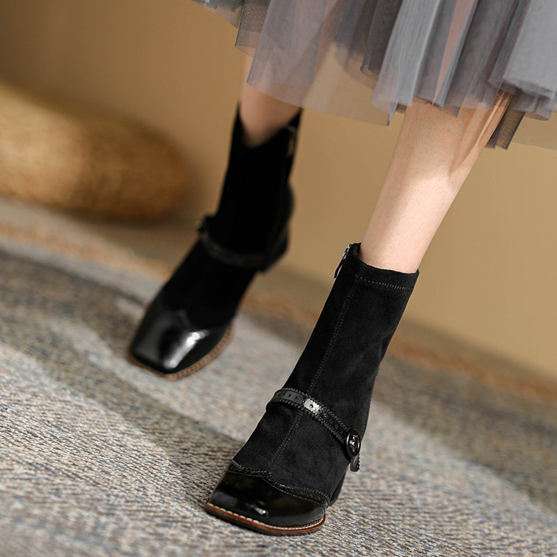 Women's Retro Horsehide Ankle Boots Vintage Square Toe Brogue Buckle Zipper Sock Booties