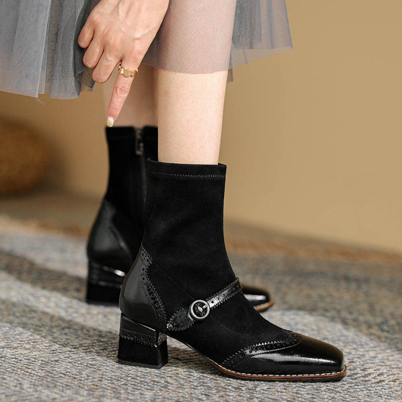 Women's Retro Horsehide Ankle Boots Vintage Square Toe Brogue Buckle Zipper Sock Booties