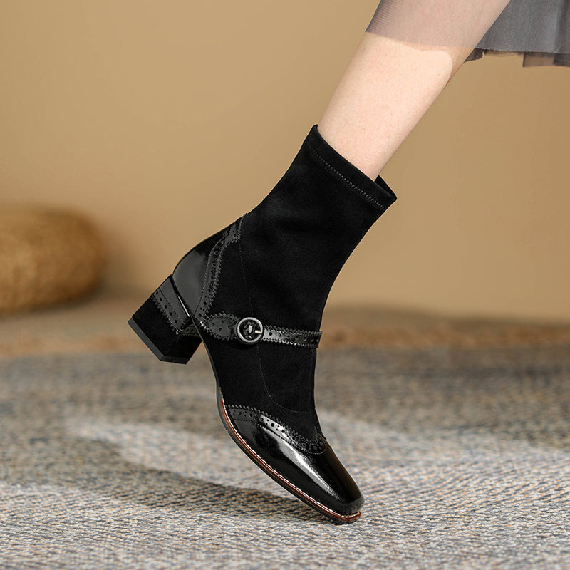 Women's Retro Horsehide Ankle Boots Vintage Square Toe Brogue Buckle Zipper Sock Booties