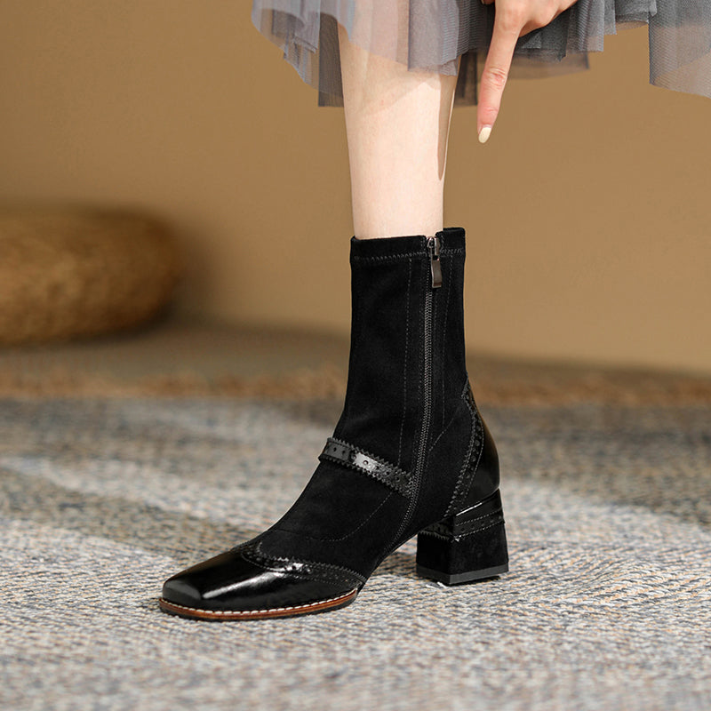Women's Retro Horsehide Ankle Boots Vintage Square Toe Brogue Buckle Zipper Sock Booties