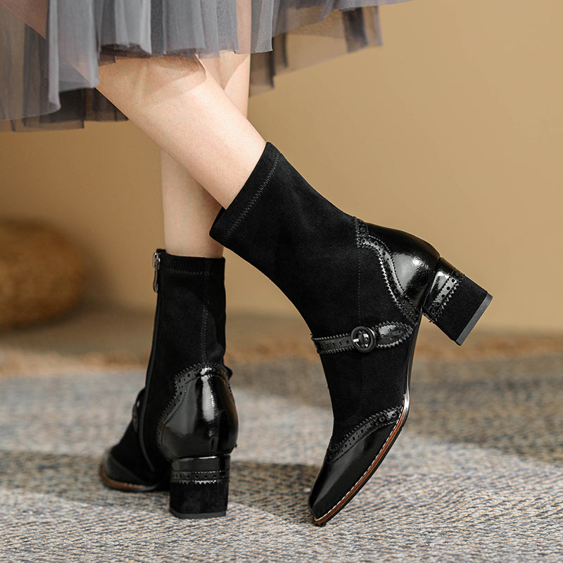 Women's Retro Horsehide Ankle Boots Vintage Square Toe Brogue Buckle Zipper Sock Booties