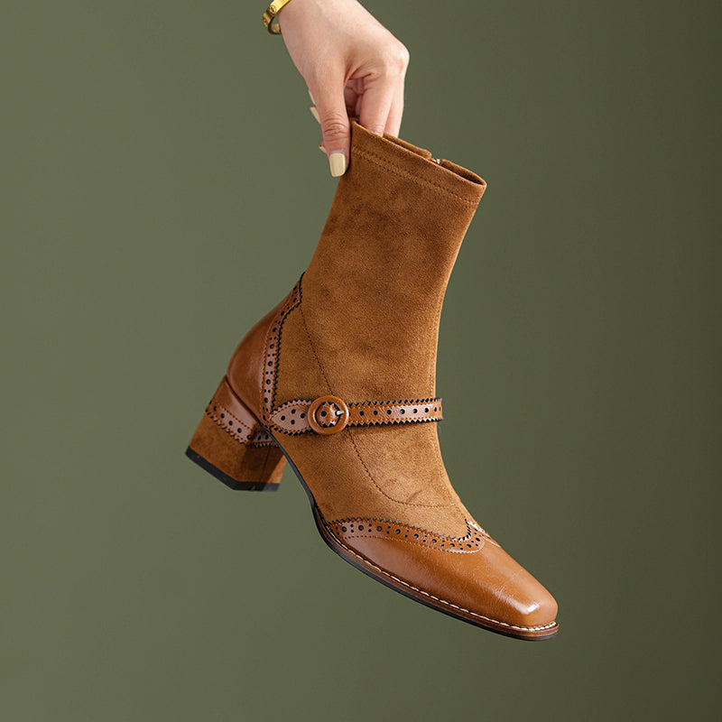 Women's Retro Horsehide Ankle Boots Vintage Square Toe Brogue Buckle Zipper Sock Booties