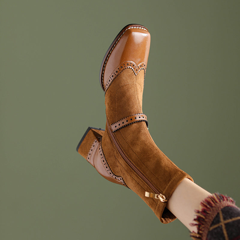 Women's Retro Horsehide Ankle Boots Vintage Square Toe Brogue Buckle Zipper Sock Booties
