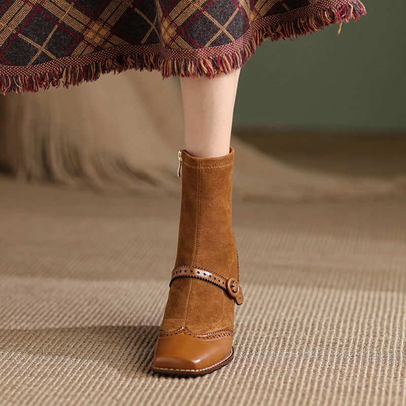 Women's Retro Horsehide Ankle Boots Vintage Square Toe Brogue Buckle Zipper Sock Booties